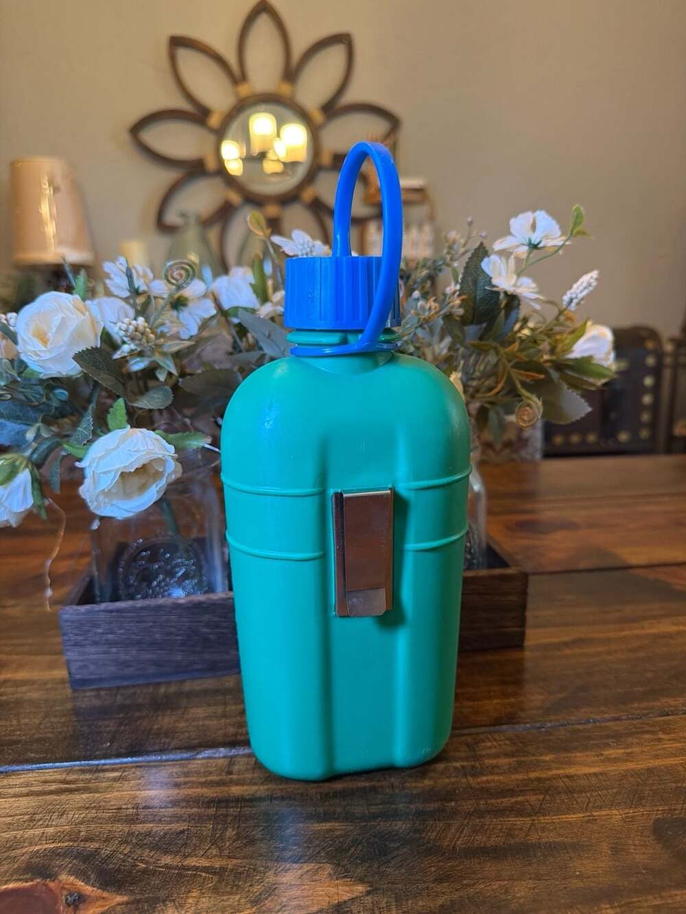 Vintage Tupperware 1 Quart Canteen Water Bottle with Belt Clip Teal Green Blue